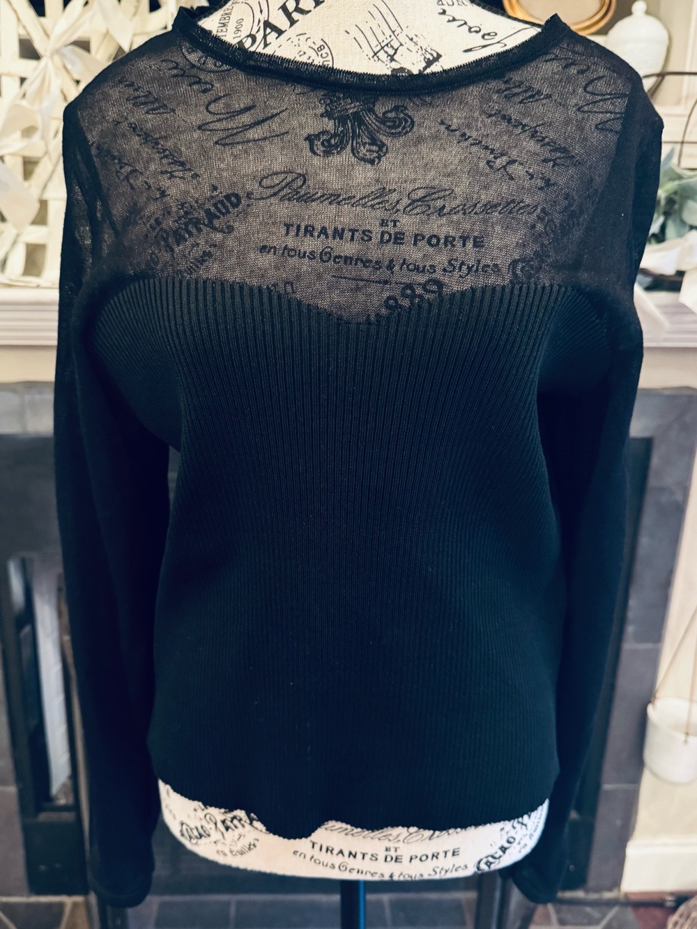 Anthropologie Black Sheer Mesh Sweetheart Ribbed Knit Corset Sweater 1X Long Slv